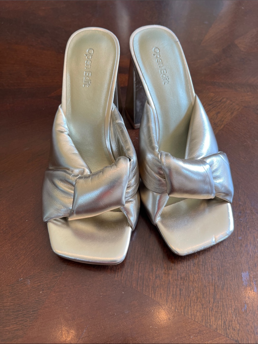 Gold Knot-Front Block Heel Mules